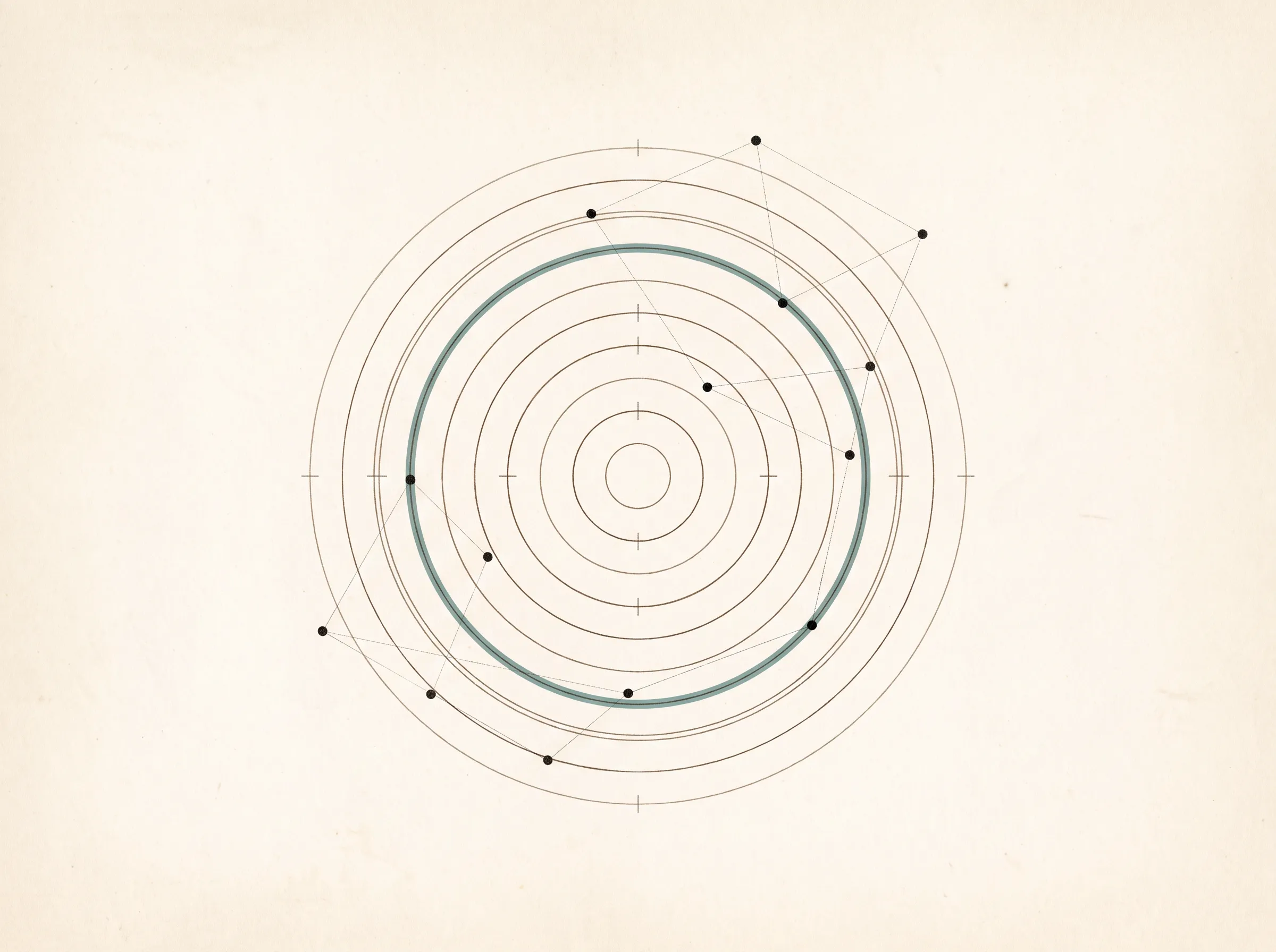 Abstract diagram of concentric focus rings with a research measurement network