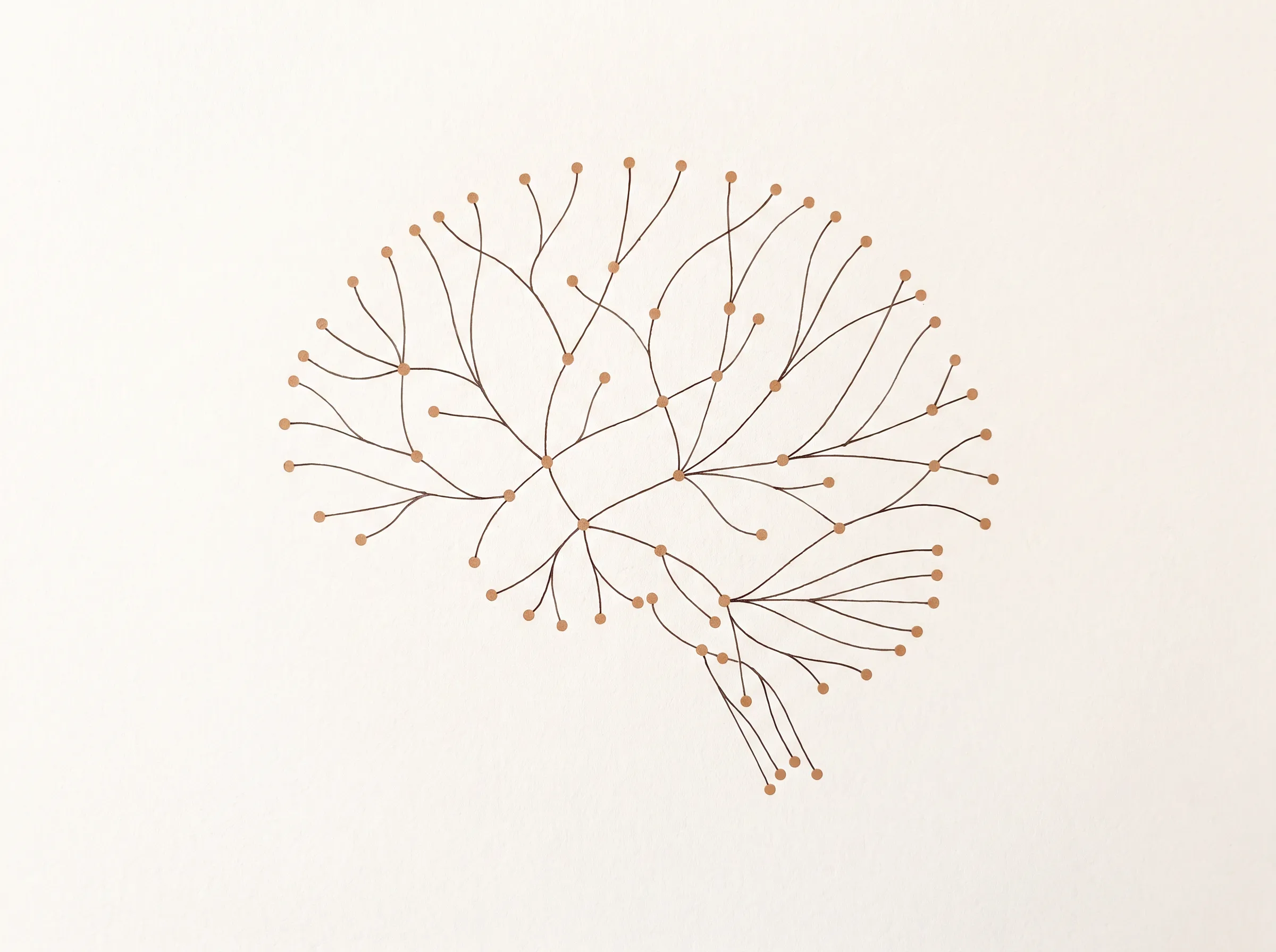 Abstract branching diagram resembling an autonomic nervous system schematic with clay-colored measurement nodes